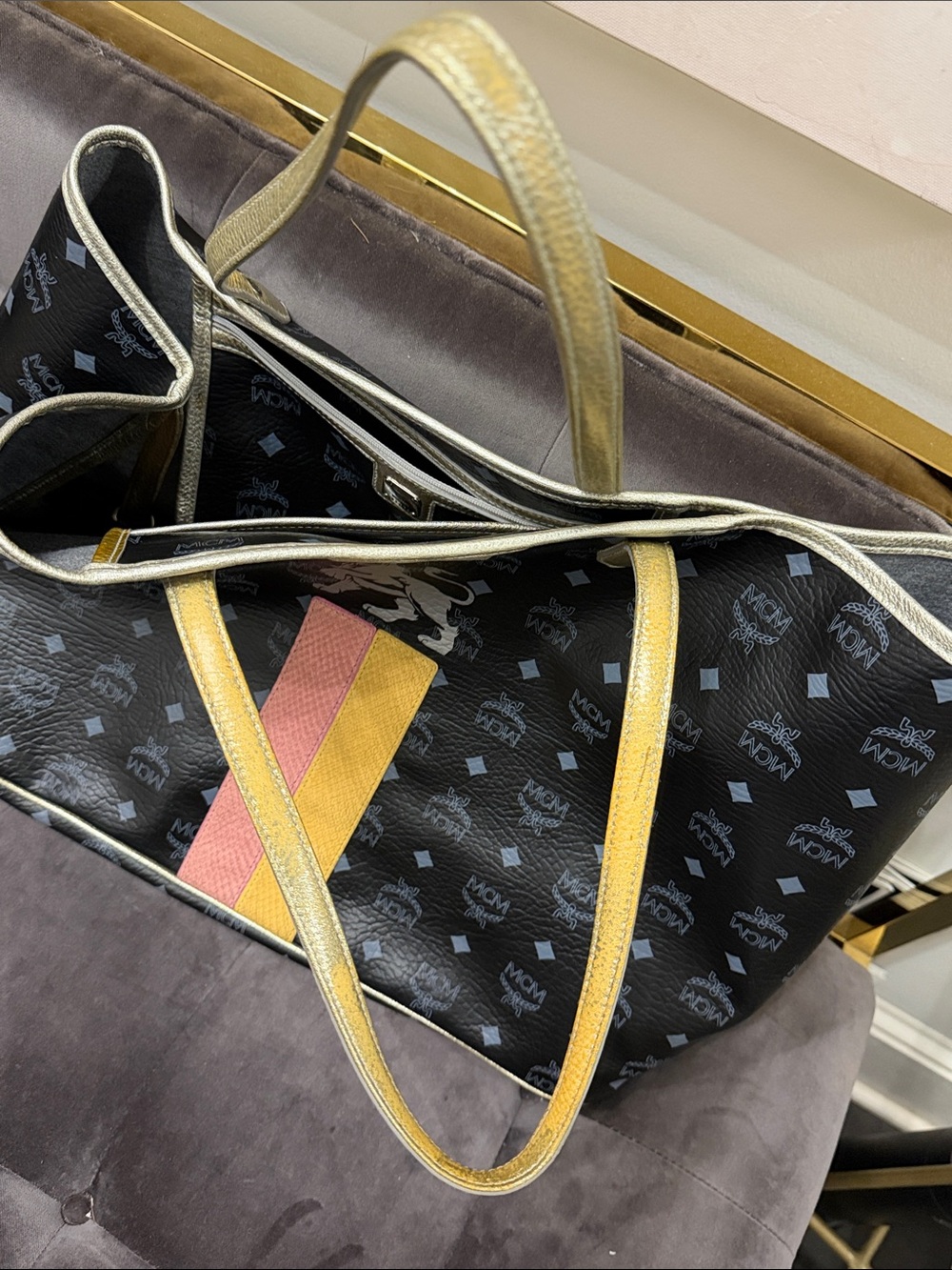 MCM Black Logo Tote with Pink and Yellow Stripe and Silver/Gold Trim - Picture 4 of 10